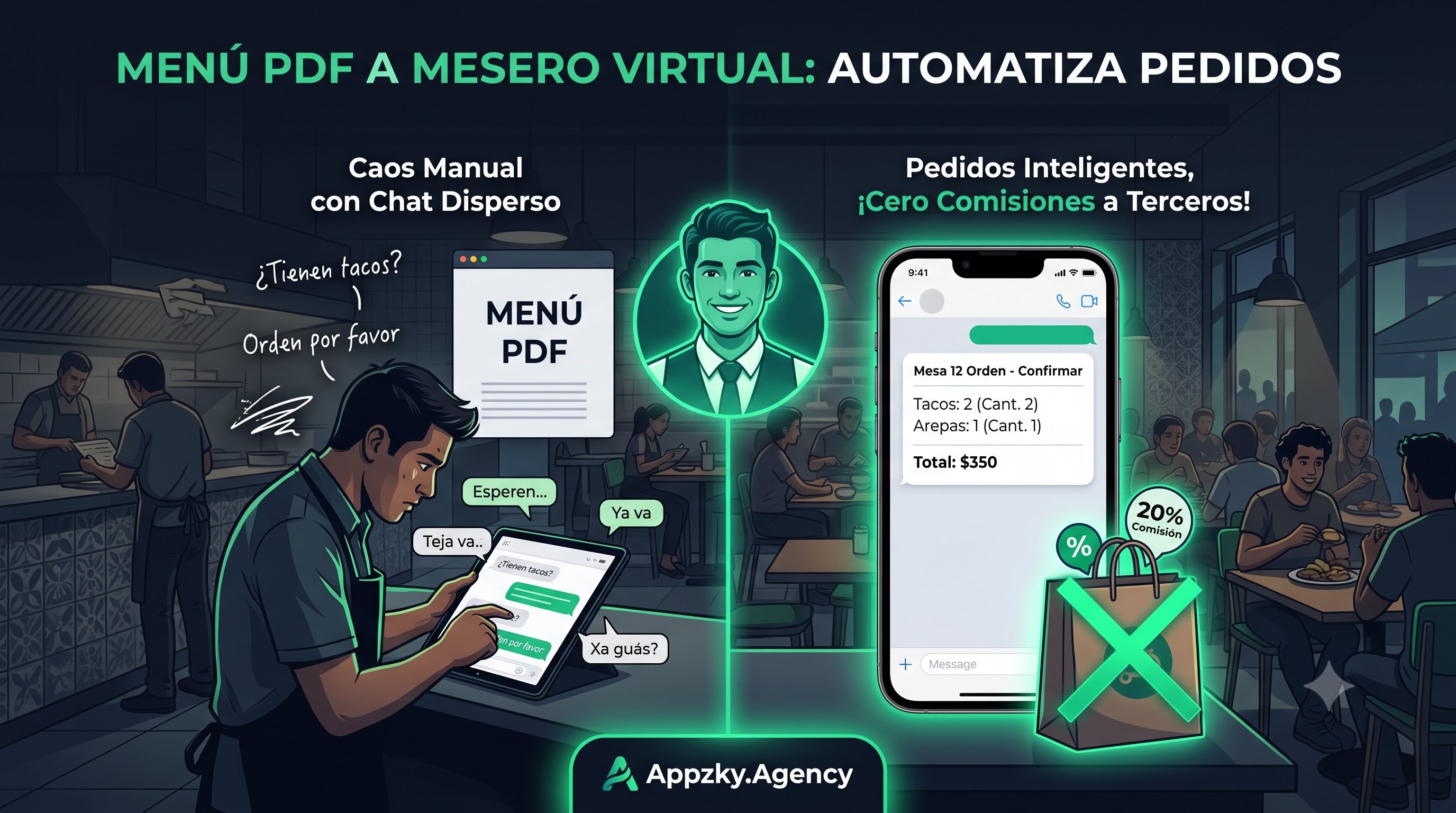 De PDF estático a Meseros Virtuales : Cómo los restaurantes reciben órdenes automáticas por WhatsApp via Appzky.Agency